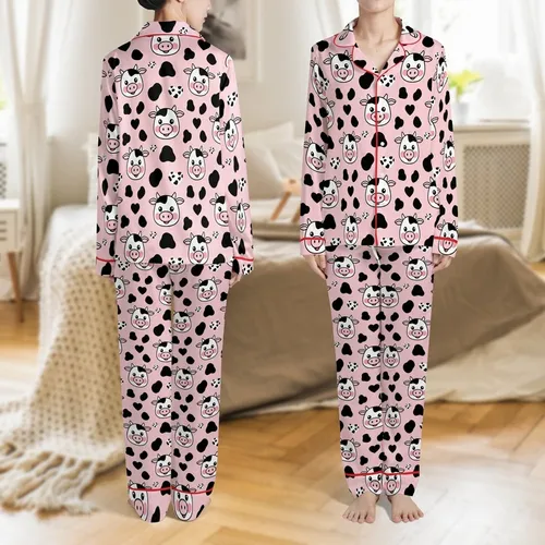 Kawaii Lovers' Whimsical Pastel Pink Cartoon Cow Face Heart Spot All-Over Print Satin Pajamas Set