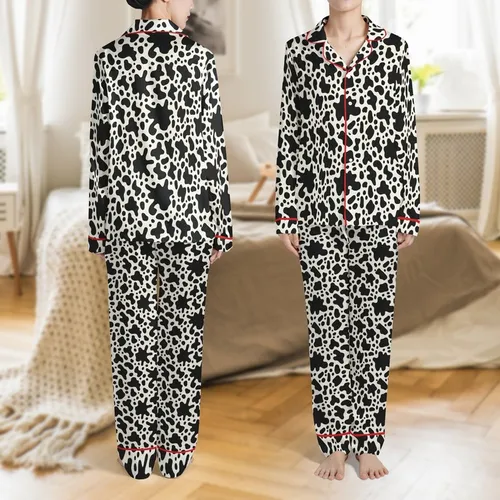 Contemporary Design Enthusiasts' Bold Black Organic Blob Abstract Pattern on Light Cream Satin Pajamas Set