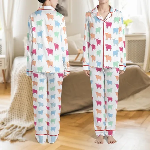Highland Cow Fans' Whimsical Hand-Drawn Seamless Pattern Block Print Fuchsia Peach Mint Sky Blue Satin Pajamas Set