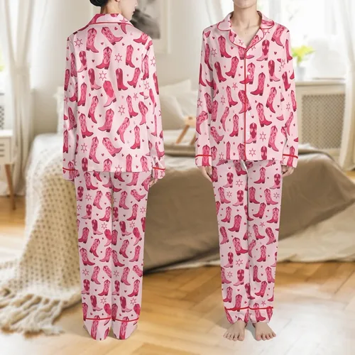 Cowgirl Chic Fans' Blush Pink Fuchsia Stylized Scattered Cowboy Boots Heart Badge Pattern Satin Pajamas Set