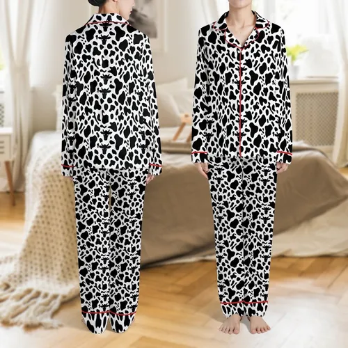 Animal Print Lovers' Bold Black White Cow Spot Pattern with Stylized Cow Heads and Milk Splashes Satin Pajamas Set