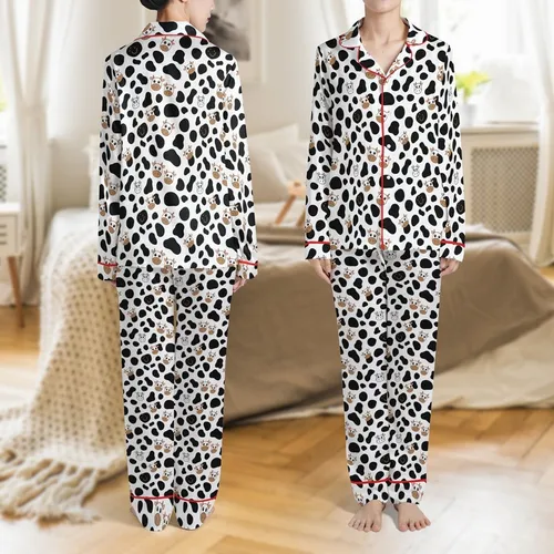 Cow Lovers' Whimsical White Black Brown Pink Cartoon Cow Spot & Friendly Face Pattern Satin Pajamas Set