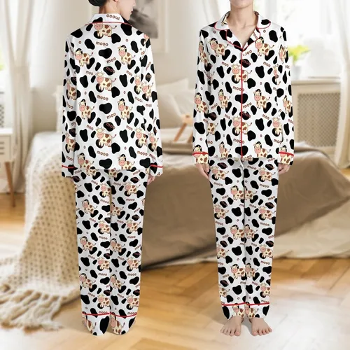Whimsical Style Lovers' Black White Cow Spot Pattern with Cute Flat Cartoon Cows and Playful Brown "Moo" Text Satin Pajamas Set