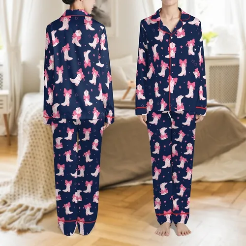 Whimsical Cowgirl Style: Pale Pink Boots, Pink Ribbons & Stars on Dark Navy Wearable Satin Pajamas Set