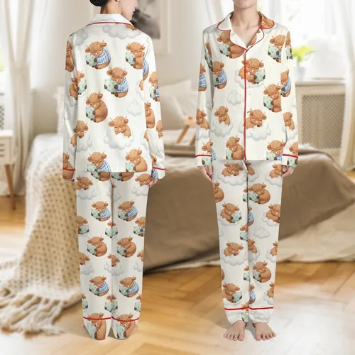 Baby Animal Lovers' Whimsical Tan Brown Sleeping Highland Cows Blue Plaid Cream Pattern Satin Pajamas Set