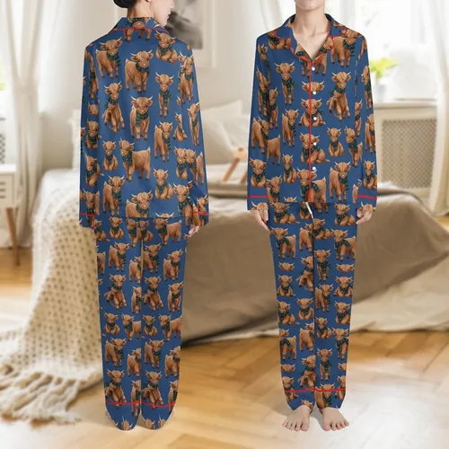 Highland Cow Lovers' Cute Baby Highland Cow Tartan Scarf Teal Blue Green Rose Repeating Pattern Satin Pajamas Set