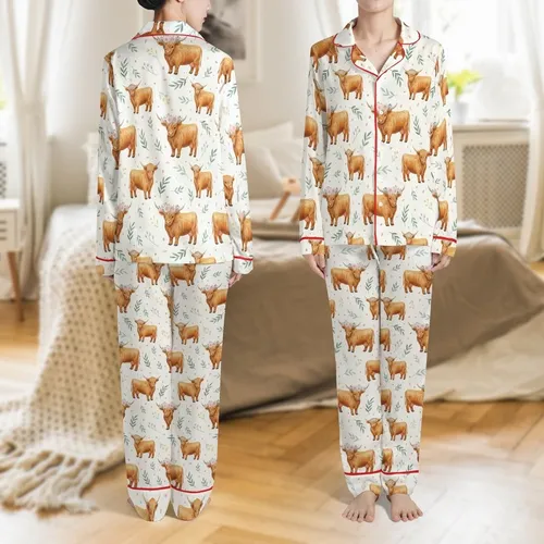 Women's Watercolor Highland Cow Mother Calf Blush Rose Floral Crown Rustic Repeat Pattern Satin Pajamas Set