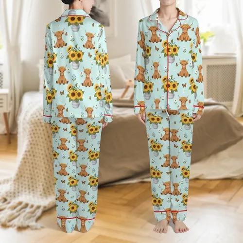 Highland Cow Lovers' Whimsical Fluffy Cows, Bright Sunflower Crowns, & Butterflies Light Cyan Pattern Satin Pajamas Set
