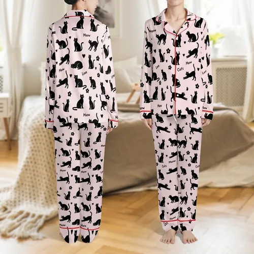 Cat Lovers' Playful Black Cat Silhouettes, Hearts, Flowers, and Script Pattern on Pastel Pink Satin Pajamas Set