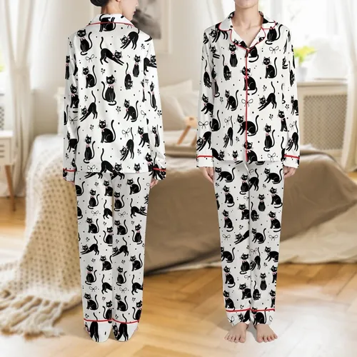 Cat Lovers' Whimsical Black Cartoon Cats Pink Bows Off-White Seamless Floral Dot Pattern Satin Pajamas Set