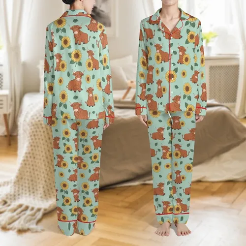Animal Lovers' Whimsical Fluffy Highland Cow Yellow Sunflower Repeating Pattern Mint Green Satin Pajamas Set