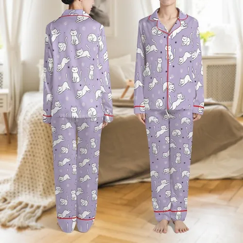 Cat Lovers' Light Lavender Purple Whimsical Cartoon Cat Pattern with White Felines, Yarn Balls & Paw Prints Satin Pajamas Set