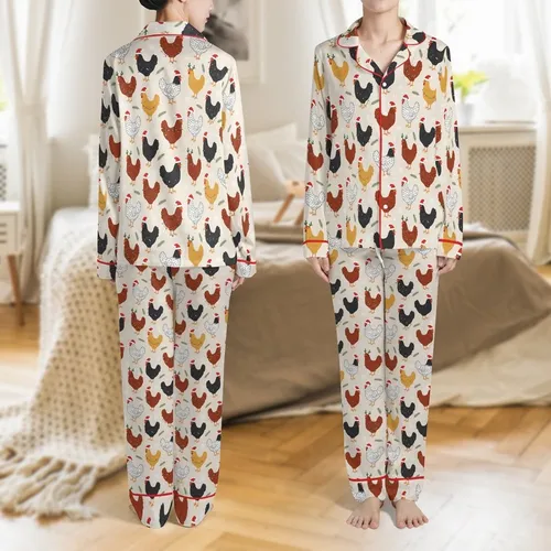 Holiday Enthusiasts' Hand-Drawn Christmas Chickens Festive Pattern with Santa Hats & Lights on Pale Beige Satin Pajamas Set