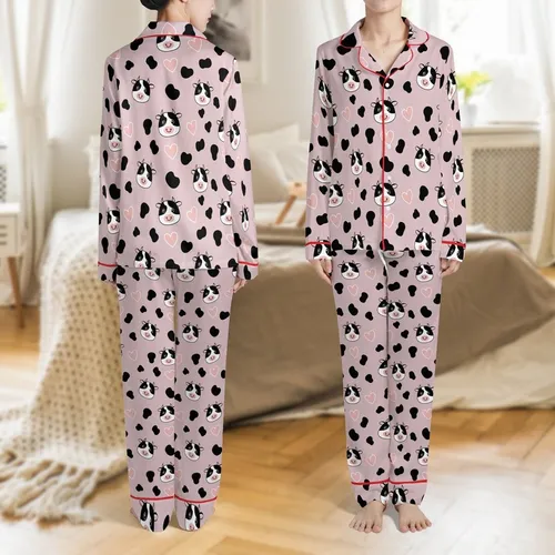 Whimsical Style Lovers' Pale Mauve Pink Cow Spot Happy Cartoon Faces & Pink Heart Pattern Satin Pajamas Set
