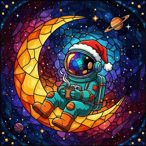 Space Dreamers' Tiffany Stained Glass Astronaut Moonscape Golden Teal Orange Jewel Tone Pattern Stained Glass Suncatcher