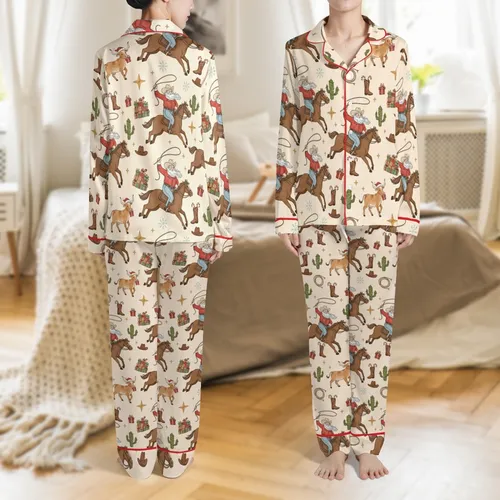 Western Family Matching: Jovial Cowboy Santa Horse & Longhorn Calf Festive Print Soft Cotton Blend Pajamas Satin Pajamas Set