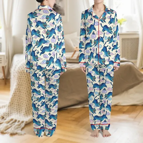 KPop Fan Whimsical Blue Feline & Pastel Cloud Satin Pajamas Set Satin Pajamas Set