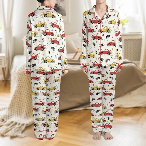 Kids Soft Stretchy Viscose Bamboo Pajamas: Playful Hand-Drawn Race Car, Flag & Star Print Satin Pajamas Set