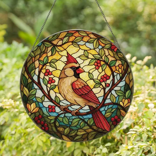 Nature Lovers' Tiffany Stained Glass Cardinal Bird Jewel Tone Floral Mosaic Pattern Stained Glass Suncatcher