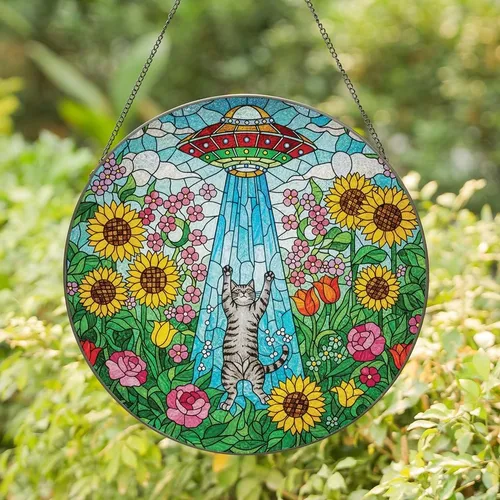Cat Lovers' Whimsical Stained Glass Tabby Cat UFO Fantasy Floral Garden Mosaic Art Stained Glass Suncatcher