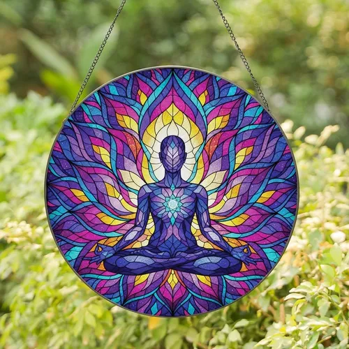 Art & Meditation Enthusiasts' Radiant Jewel Tone Stained Glass Meditating Lotus Celestial Mosaic Stained Glass Suncatcher