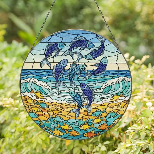 Ocean Lovers' Intricate Tiffany Stained Glass Fish School Jewel Tone Ocean Art Stained Glass Suncatcher