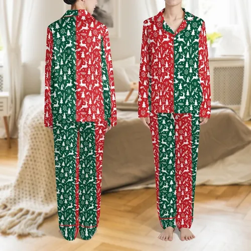 Personalized Couples Christmas Pajama Set: White Reindeer Snowflake Evergreen Red Motif Satin Pajamas Set