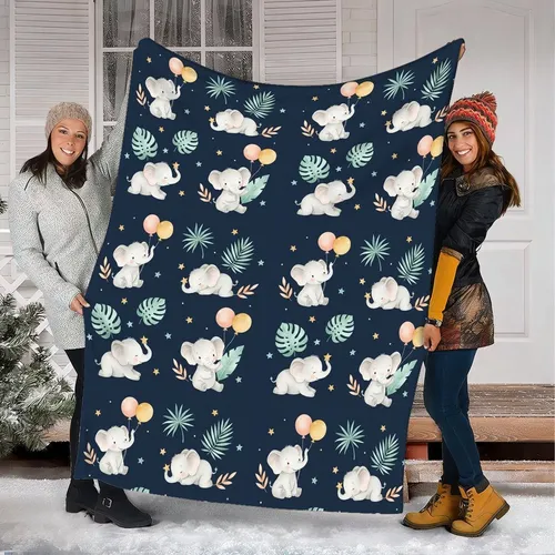 Whimsical Watercolor Deep Navy Baby Elephants Tropical Leaves Balloons Stars Pattern Bedding Set