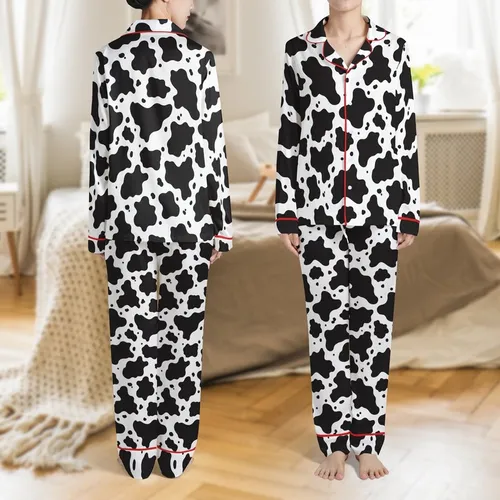 Modern Style Aficionados' Bold Jet Black & White Organic Cowhide Spot Pattern Satin Pajamas Set