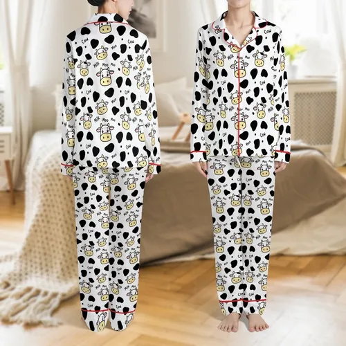 Cow Lovers' Playful White Black Yellow-Tan Pink Cartoon Cow Faces Spots Moo Pattern Satin Pajamas Set