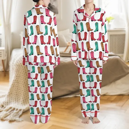 Women's Whimsical Hand-Drawn Cowboy Boots Rose Pink Turquoise Rustic Pattern Satin Pajamas Set