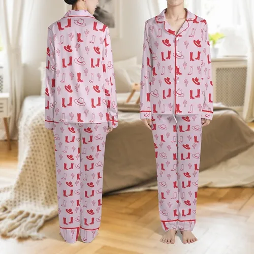 Cowgirl Style Lovers' Whimsical Naive Illustrative Crimson Rose Pink Cowboy Boot Hat Cacti Pattern Pale Lavender Satin Pajamas Set