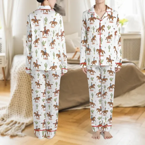 Western Lifestyle Enthusiasts' Hand-Drawn Cowboy Cactus Watercolor Desert Pattern Warm Browns Sage Green Satin Pajamas Set