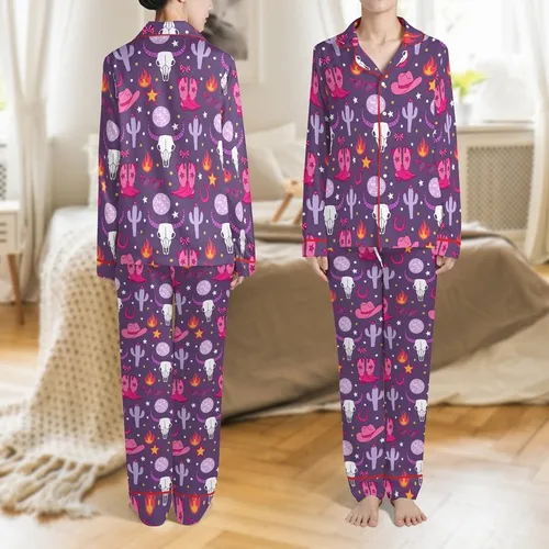 Whimsical Western Dreamers Vibrant Plum Purple Hot Pink Cowboy Boots Disco Ball Cactus Yellow Star Pattern Satin Pajamas Set