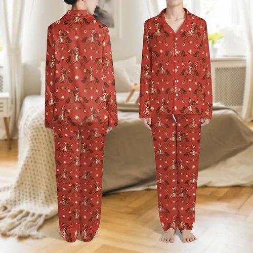 Western Style Enthusiasts' Vintage Illustrative Rust Red Horse Rider Repeating Pattern Satin Pajamas Set