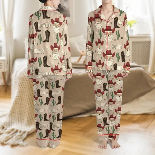 Holiday Western Fans' Rustic Vintage Red Hat Santa HOWDY Cactus Boots Pattern Satin Pajamas Set