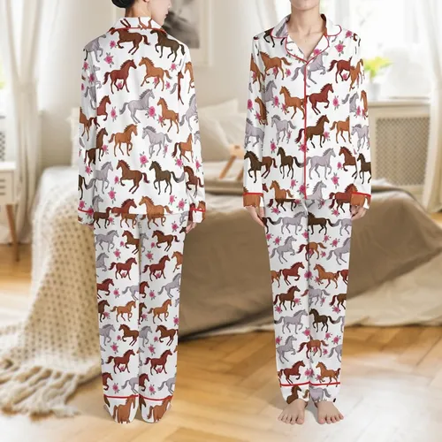 Horse Lovers' Graceful Wild Horses Fuchsia Pink Roses Botanical Equine White Pattern Satin Pajamas Set
