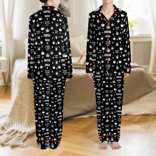 Women's Funny Coffee Slogan Lounge Wear, Short Sleeve Round Neck, Black White Coffee Bean & Cup Pattern Satin Pajamas Set