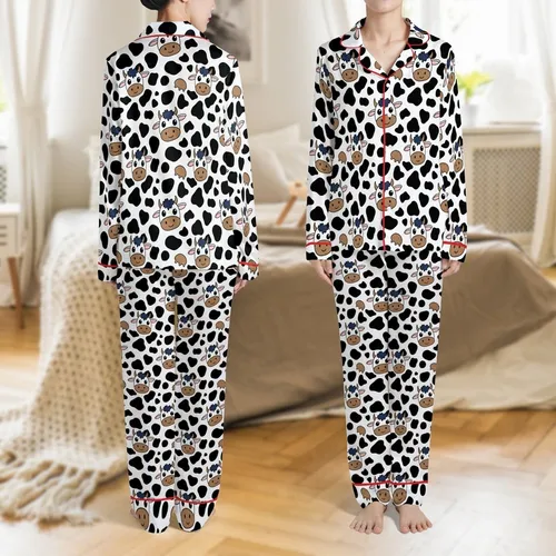 Playful Cow Print Enthusiasts' White Black Cow Spot Pattern, Cartoon Cow Faces, Pink Ears, Blue Tufts, Udder Shapes Satin Pajamas Set