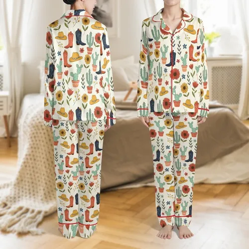 Desert Lovers' Whimsical Cream Folk Art Pattern with Teal Cacti, Terracotta Boots, Golden Hats Satin Pajamas Set
