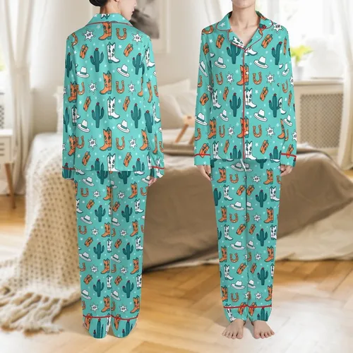 Cowgirl Spirit Whimsical Western Aqua Teal Orange Seamless Doodle Pattern Cowboy Boots Saguaro Cactus Stars Satin Pajamas Set