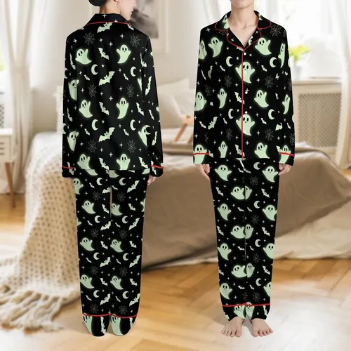 Whimsical Spirit Enthusiasts Cartoonish Pale Green Ghost Bat Moon Star Pattern on Black Satin Pajamas Set