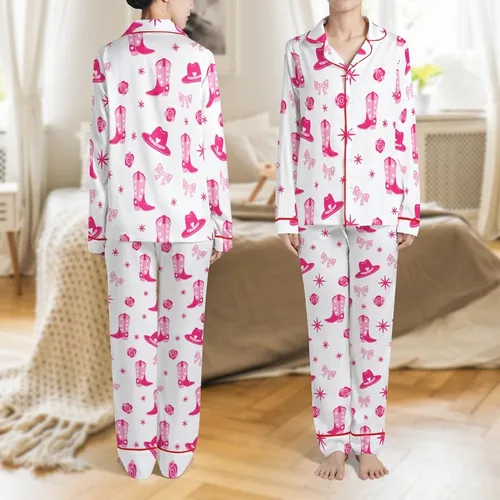 Women's Whimsical Bright Hot Pink Cowboy Boot Hat Heart Rose Starburst White Pattern Satin Pajamas Set