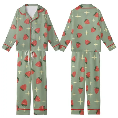 Women's Muted Sage Green Bright Red Strawberry Pale Yellow Starburst Hand-Drawn Naive Scattered Kid Satin Pajamas Set