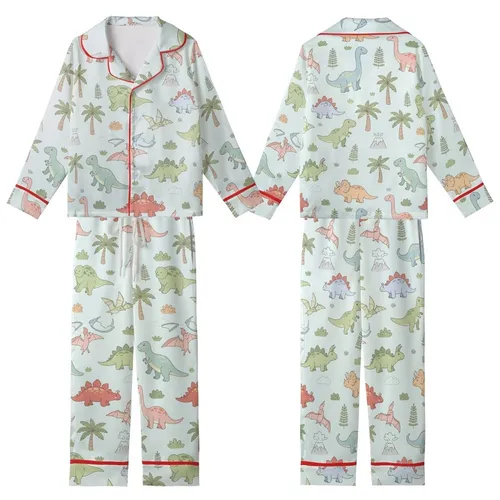 Playful Women's Seamless Pastel Sky Blue Hand-Drawn Cartoon Dinosaurs & Prehistoric Flora Kid Satin Pajamas Set
