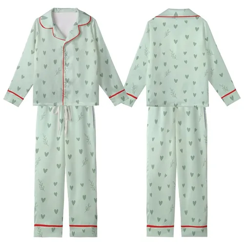 Women's Very Pale Mint Green Subtle Sage Hand-Drawn Heart & Leaf Kid Satin Pajamas Set