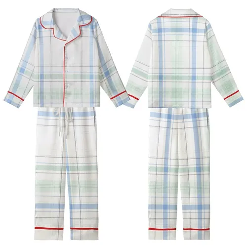 Women's Crisp Plaid Geometric Sky Blue Muted Mint Charcoal Grey Off-White Cornflower Accents Kid Satin Pajamas Set