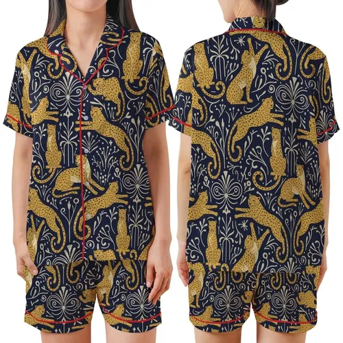 Women's Satin Pajama Set: Golden Ochre Leopard Poses - Navy Blue Short Sleeve Lapel Top & Shorts Satin Short-Sleeve Pajamas Set