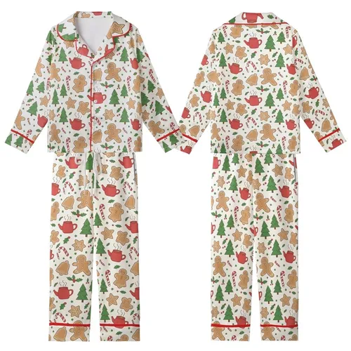 Women's Whimsical Gingerbread Hot Cocoa Candy Cane Holly Pattern on Creamy Off-White Kid Satin Pajamas Set