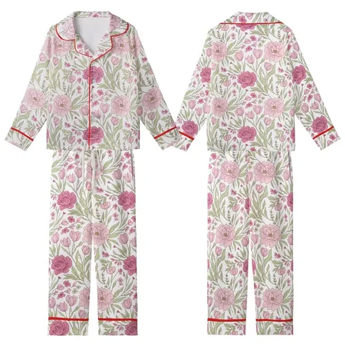 Women's Vintage Botanical Blush Rose Peony Floral with Sage Green Leaves & Burgundy Outlines Kid Satin Pajamas Set